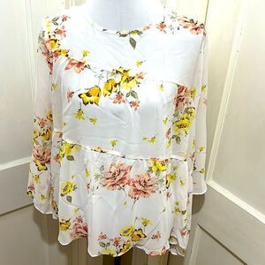 Est 1946 Women's Large Sheer Pullover Floral Flutter Sleeve Peasant Blouse